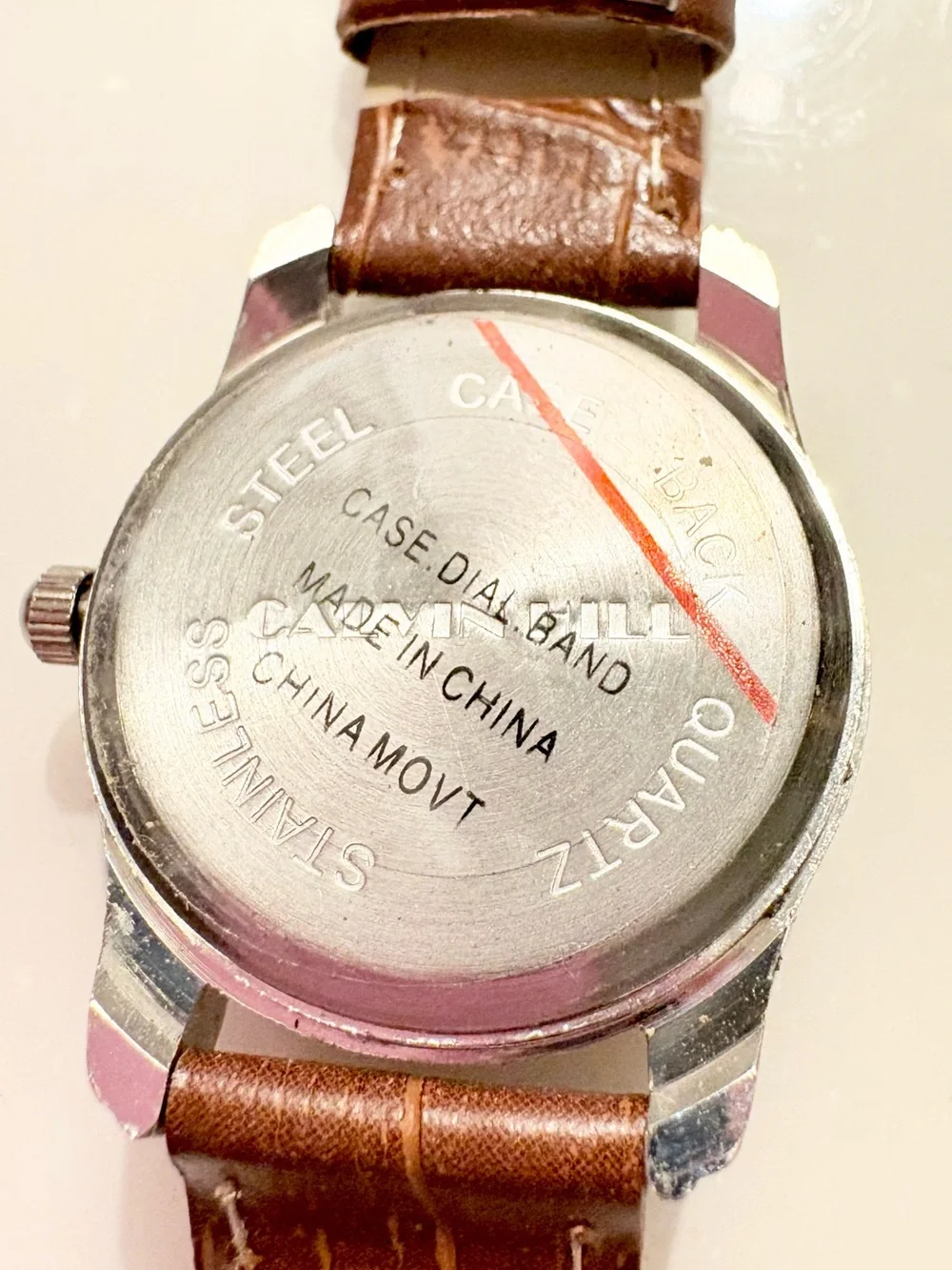 Men's Silver Case Watch with White Dial and Brown Leather Strap
